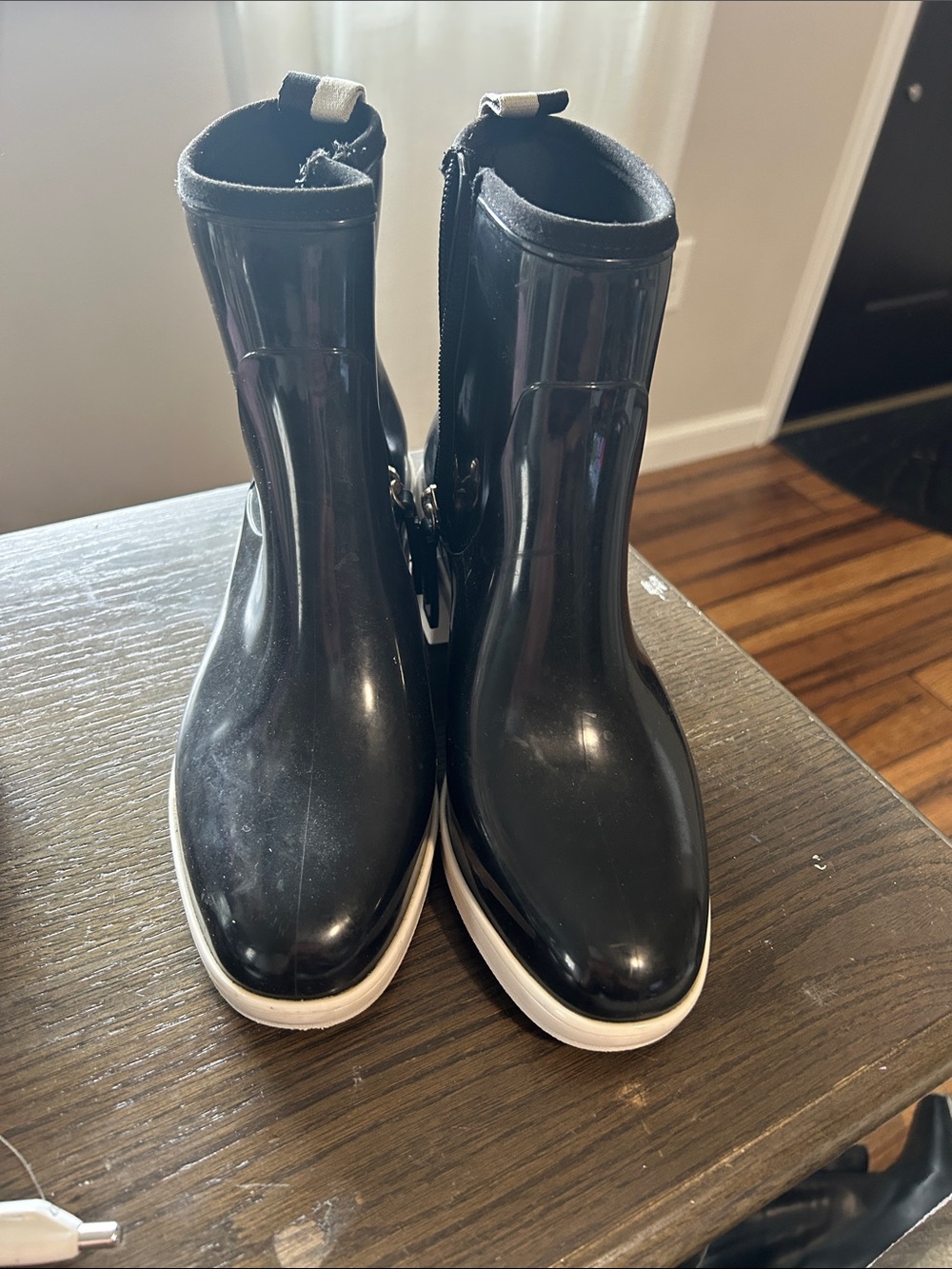 Kate Spade Black Glossy Rain Ankle Boots with White Sole